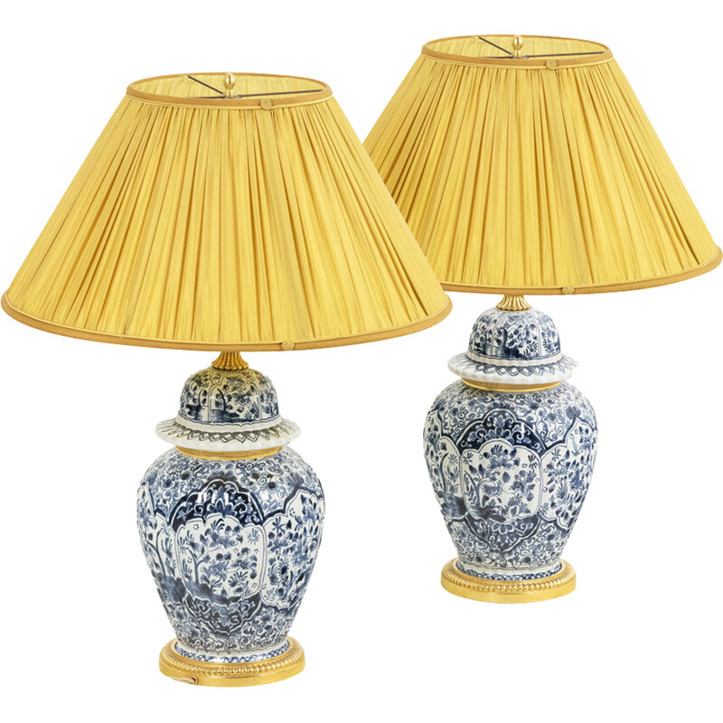 Paar Vintage-Lampen aus Delfter Steingut und Bronze, 1880