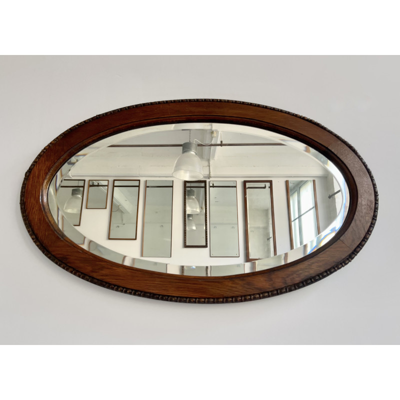 Vintage oval bevelled mirror with wood frame, 1930s