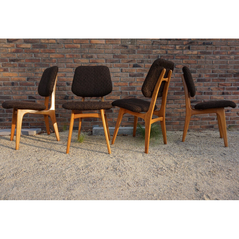 Set of 4 vintage Scandinavian beech wooden and thick fabric chairs, 1960s