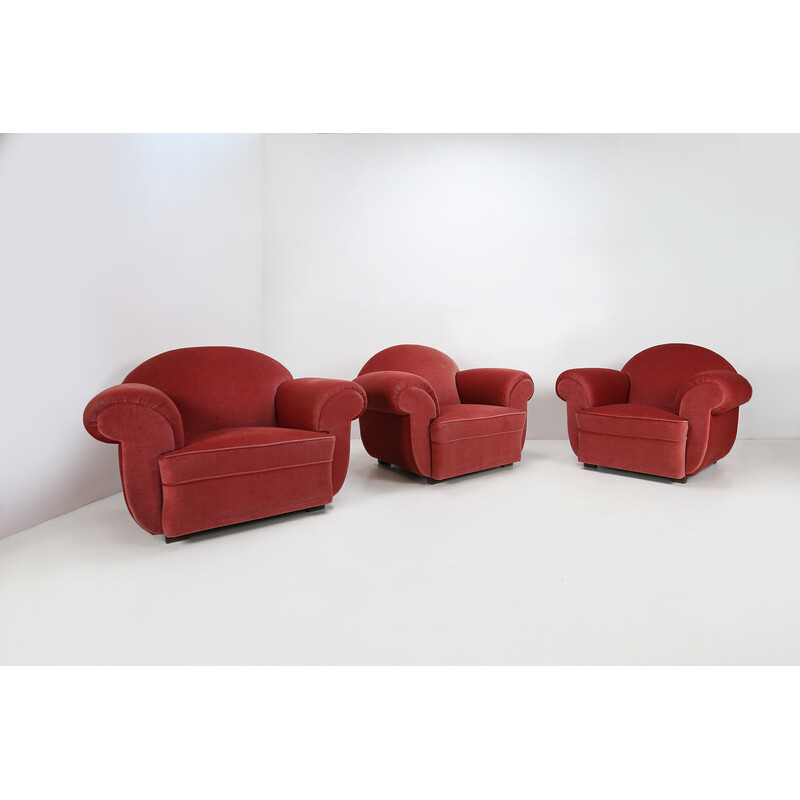 Set of 3 vintage Art Deco red tapestry armchairs, 1930