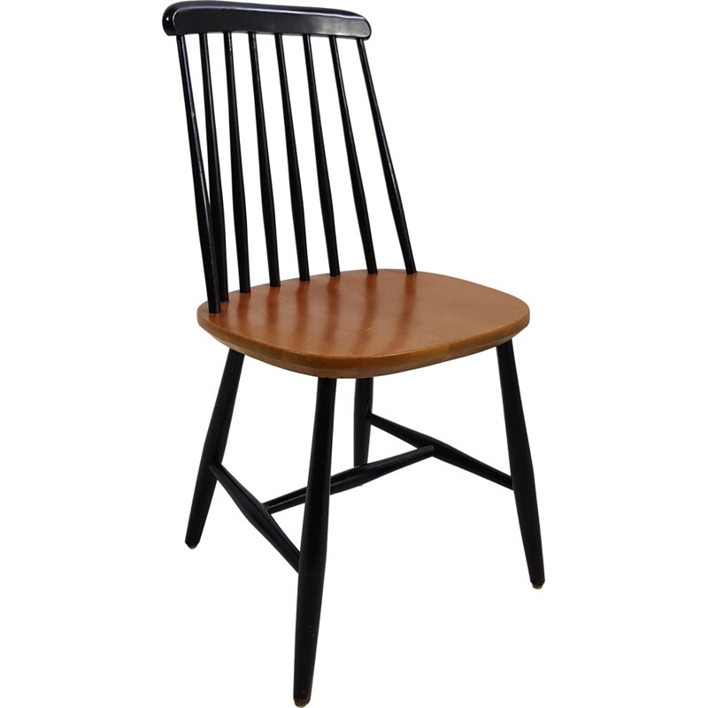 Chaise à 7 barreaux en noir et assise bois - 1960