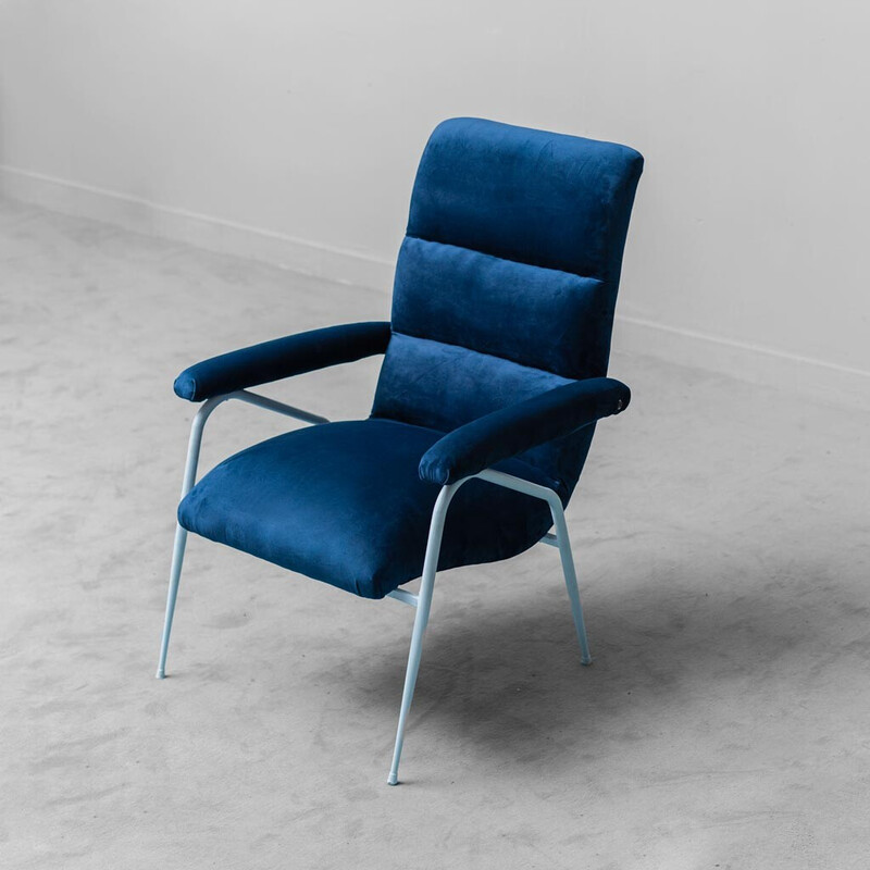 Vintage-Sessel aus blauem Samt und Metall, 1960