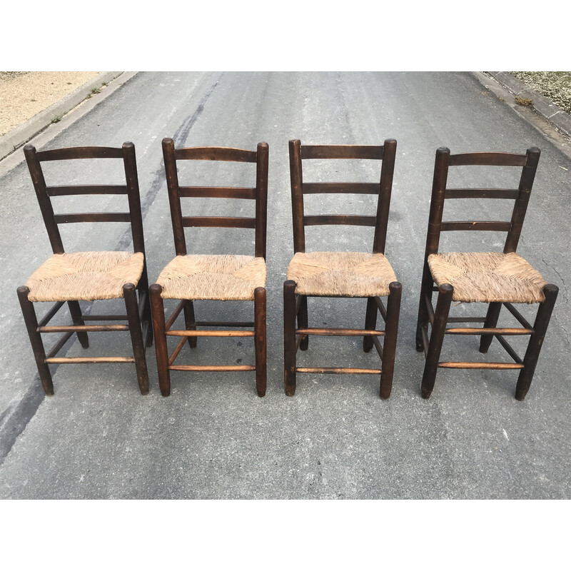 Lot de 4 chaises de campagne vintage en bois et assises en paille, 1950
