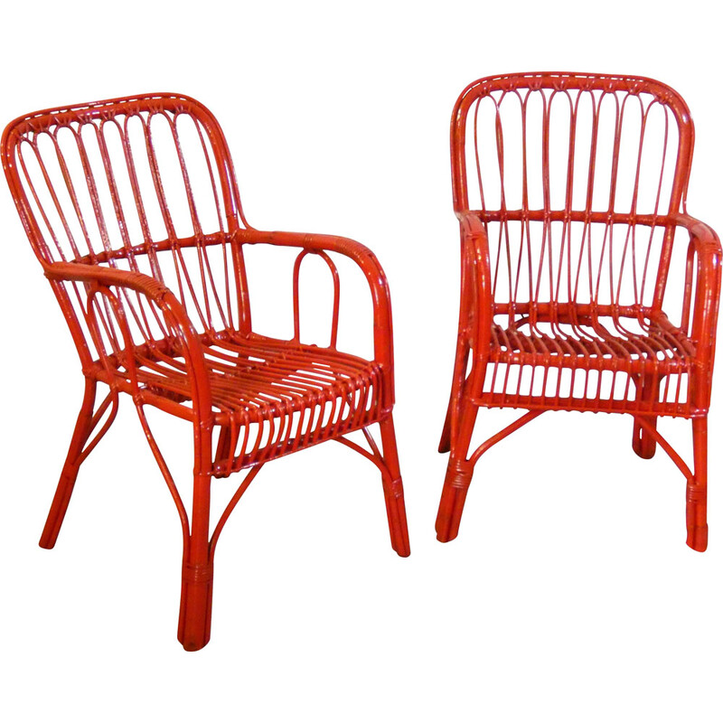 Pair of vintage red rattan chairs, 1950