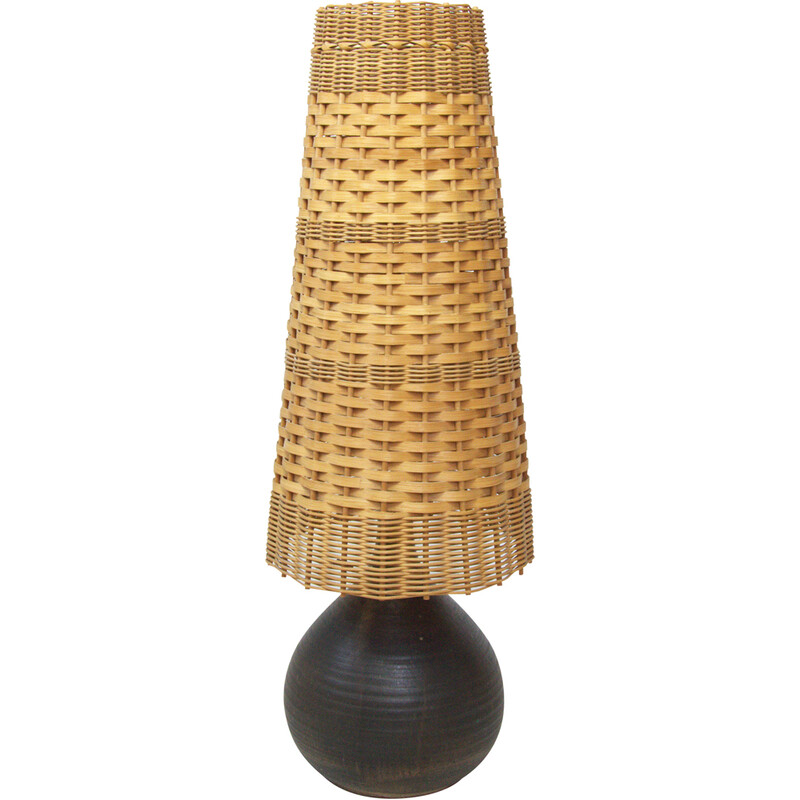 Vintage rieten en keramische tafellamp,