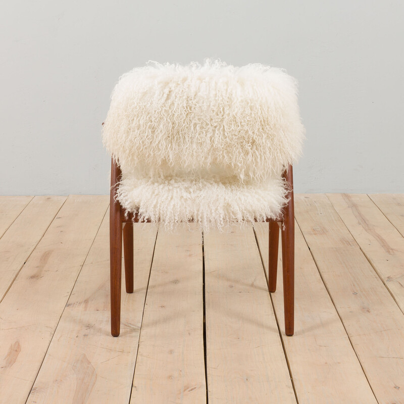 Vintage teak armchair in long hair Tibetan sheepskin wool upholstery by  Erik Kierkegaard, Denmark 1960