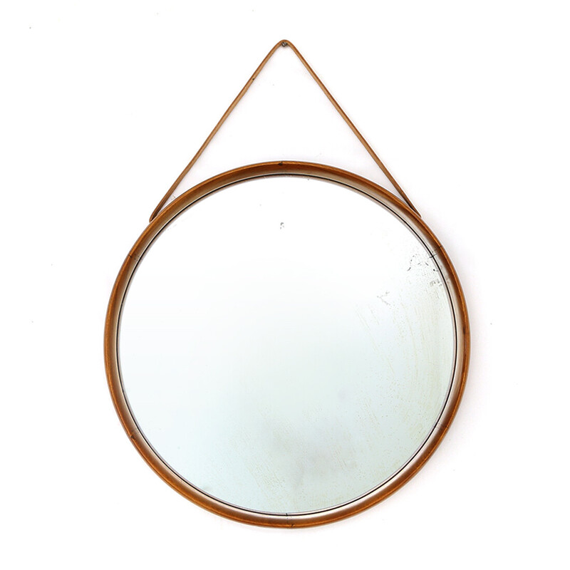 Specchio rotondo vintage con cinturino in pelle di Uno e Östen Kristiansson  per Luxus, 1960