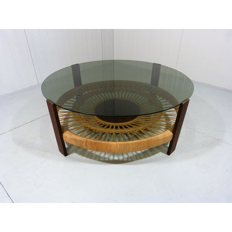 Vintage round coffee table with smoked glass and rattan, Netherlands 1960s