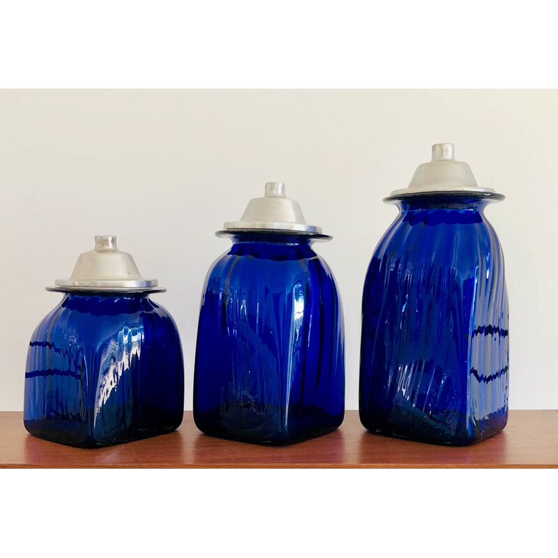 Set of 3 vintage cobalt blue blown glass apothecary jars with lids, Italy