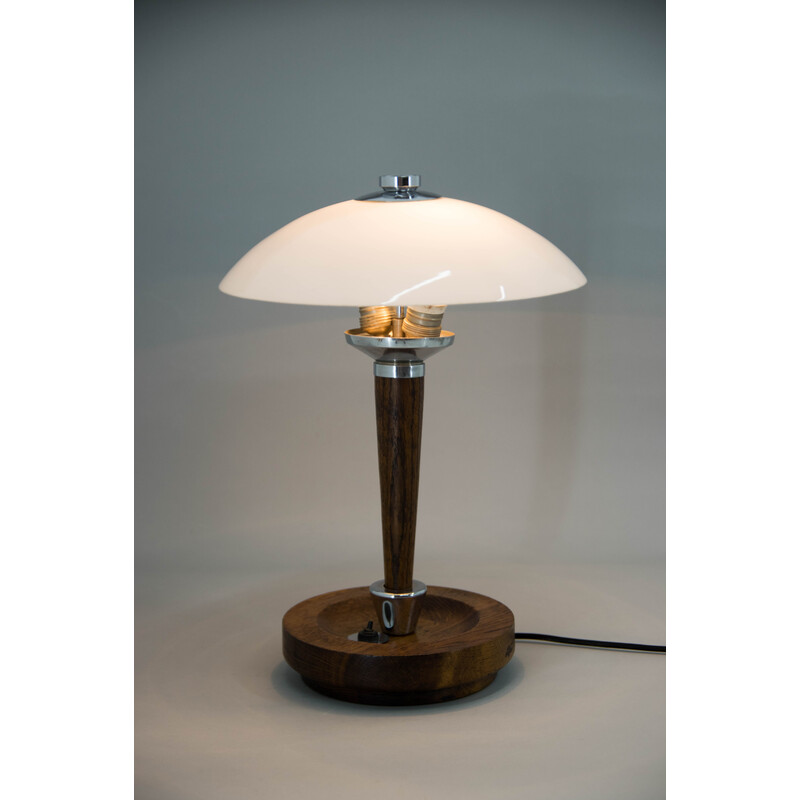 Lampe de table Art déco vintage en bois et verre, 1930