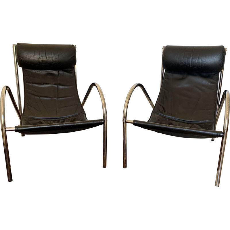 Paire de fauteuils Omega vintage en chrome et cuir pour Habitat, 1980