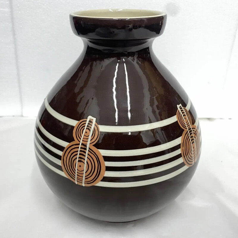 Vase italien vintage Art déco en céramique brune et blanche, 1940