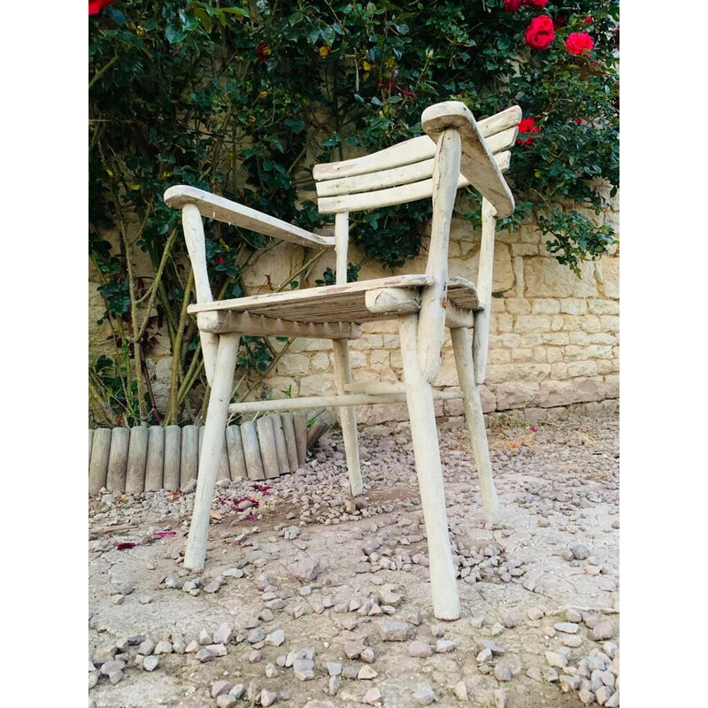 Juego de 4 sillas de jardín de madera de época y 1 silla, 1960