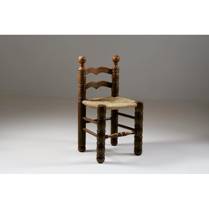 Set van 8 vintage houten stoelen en rieten zittingen van Charles Dudouyt,  Frankrijk 1950