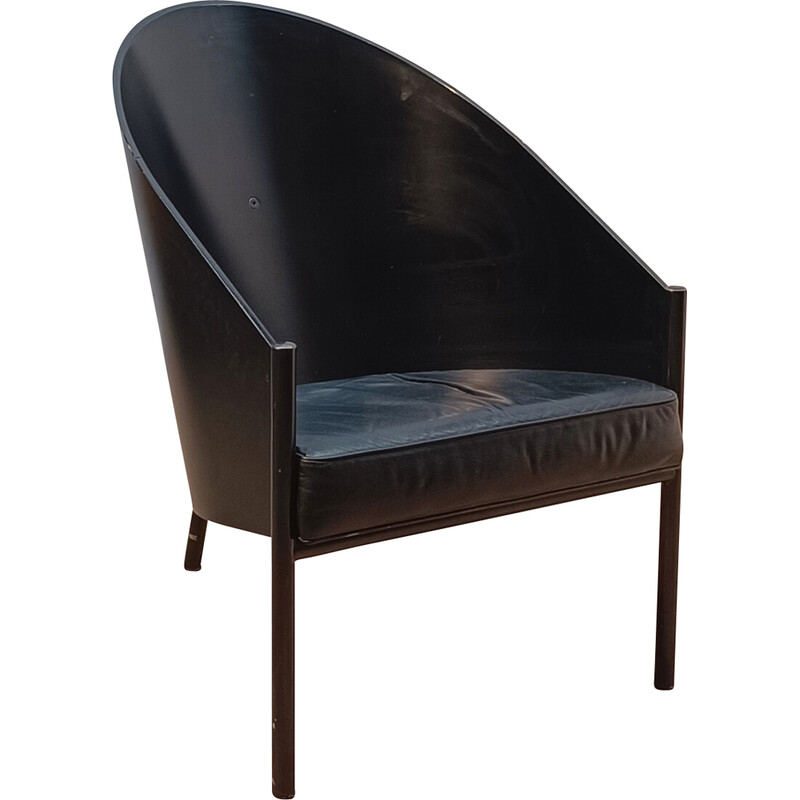 Fauteuil vintage Pratfall en bois foncé et cuir noir par Philippe Starck