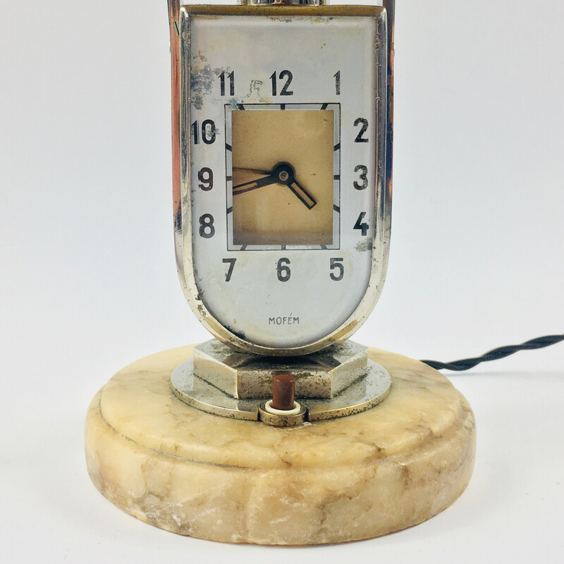 Art Deco vintage table lamp with integrated alarm clock by Mofem, Hungary  1930s