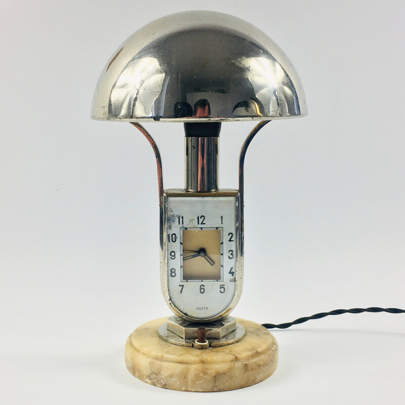 Lampe de table Art déco vintage avec réveil intégré par Mofem, Hongrie 1930