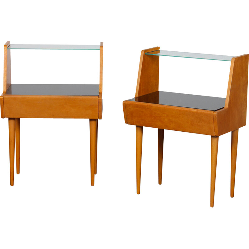 Pair of vintage night stands in wood and black opaline, 1960