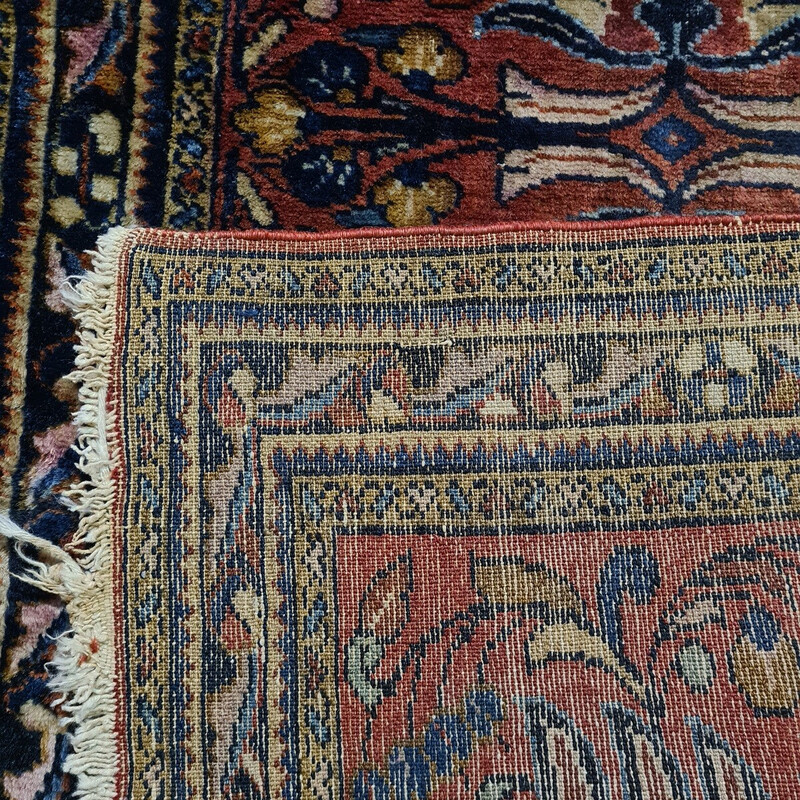Tapis persan vintage noué à la main en soie avec une chaîne en coton