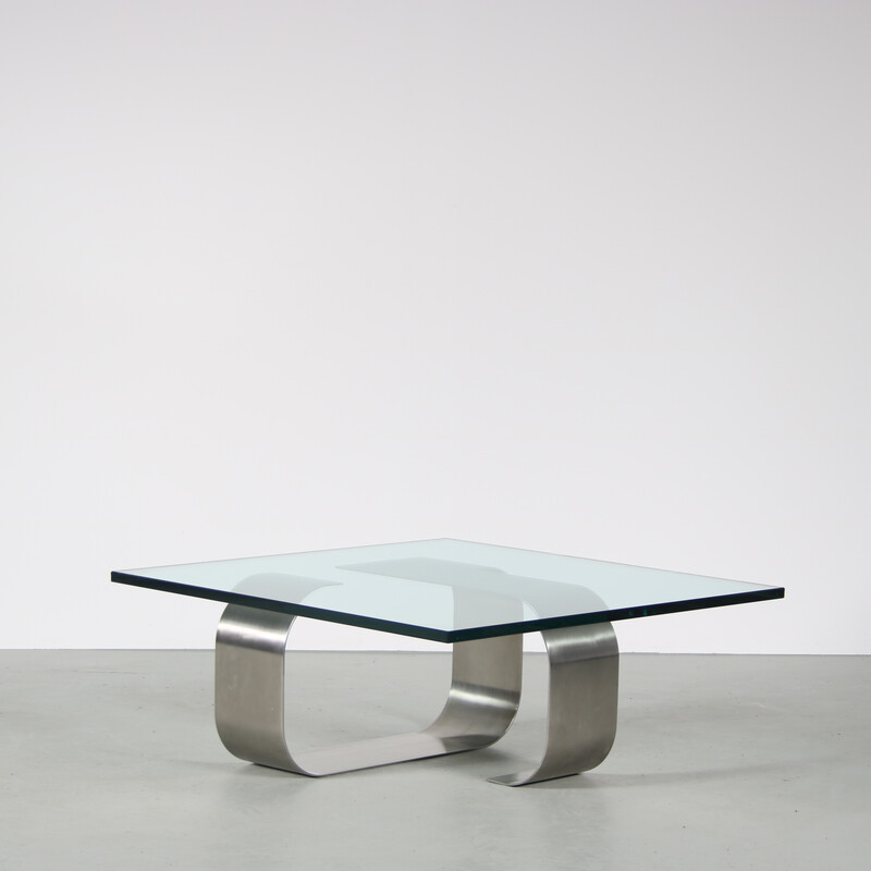 Vintage coffee table with curved stainless steel base and square top in  clear glass by François