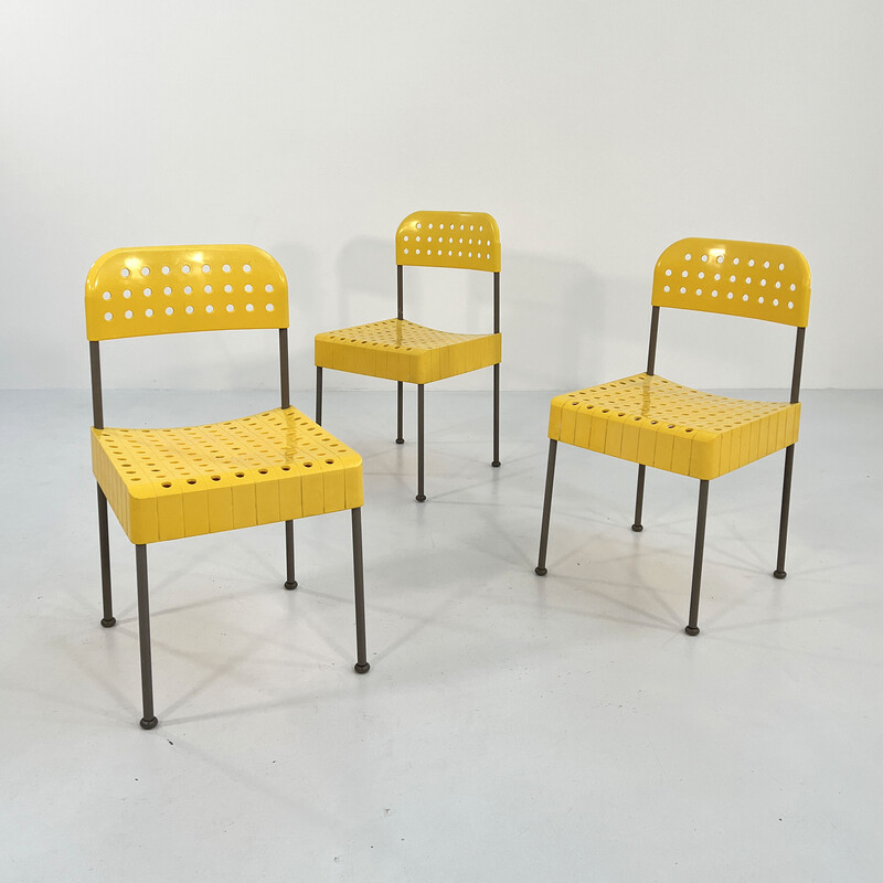 Sedia box vintage gialla e grigia in metallo e plastica di Enzo Mari per  Anonima Castelli,