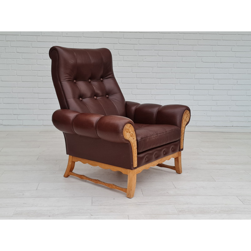 Klassischer dänischer Hochlehner-Sessel aus Leder und Eichenholz, 1970er  Jahre