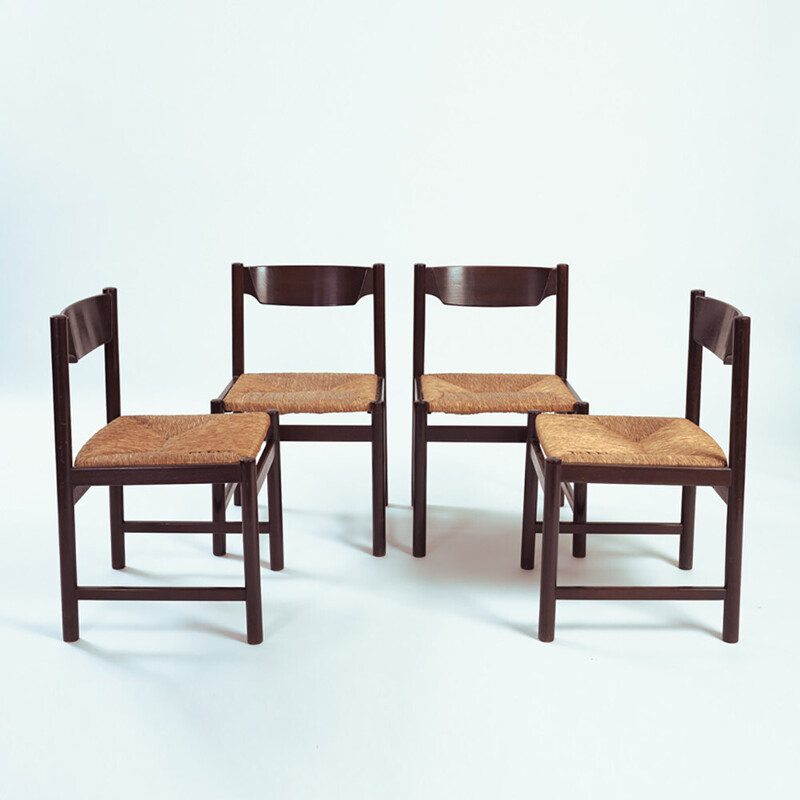 Set of 4 vintage chairs solid wood and rush by Vico Magistretti for 1960s