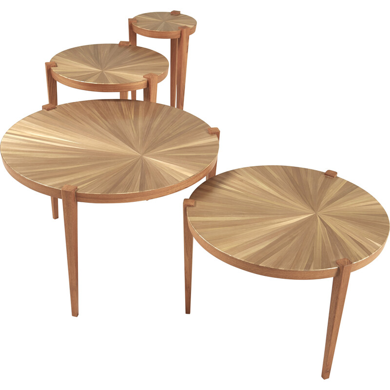 Vintage nesting tables in straw marquetry and teak