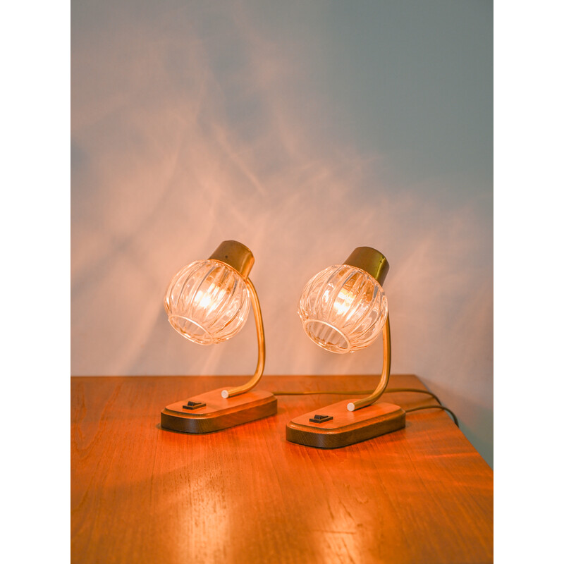 Pair of vintage teak and glass bedside lamps for Paul Neuhaus, 1960s