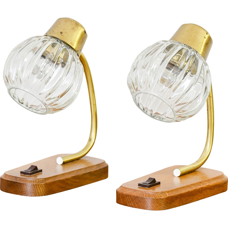 Coppia di lampade da comodino vintage in teak e vetro per Paul Neuhaus,  anni '60
