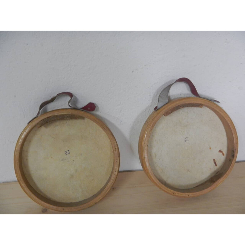 Pair of vintage tambourines Olimpia in beech wood and leather