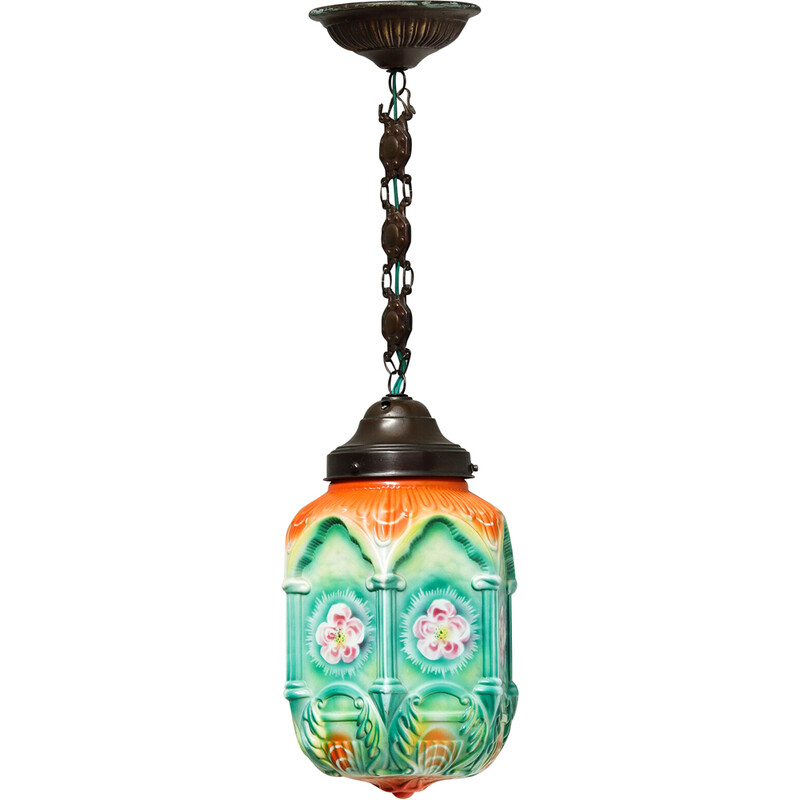 Lámpara colgante Art Deco de época con cristal opalino pintado y cadena de  metal