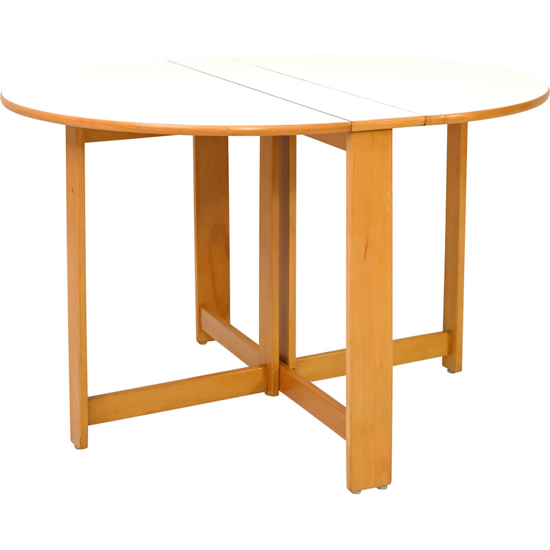 Tavolo da pranzo rotondo scandinavo in legno di quercia vintage con ali  laterali