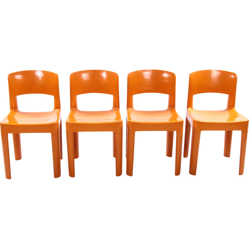 Ensemble de 4 chaises vintage Allibert en plastique orange, France 1970