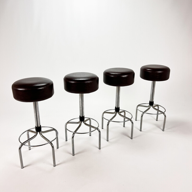 Set of 4 vintage bar stools in dark brown skai leather and chrome, 1950s