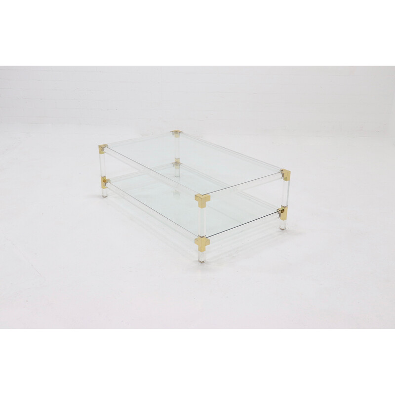 Vintage two tier lucite and brass coffee table, 1970s