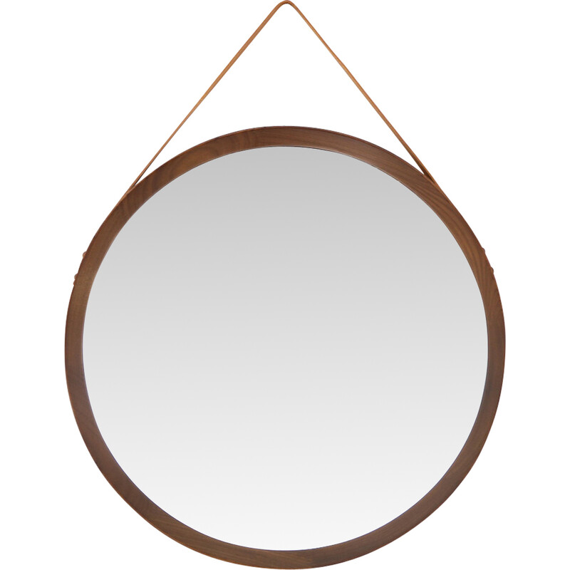 Specchio rotondo vintage con cornice in legno e cinturino in pelle, anni '60