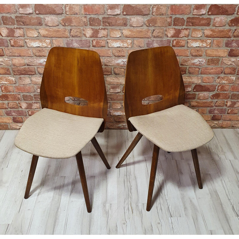 Pair of vintage Lollipop chairs in wood and beige velvet by Frantisek Jirak  for Tatra Nabytok,