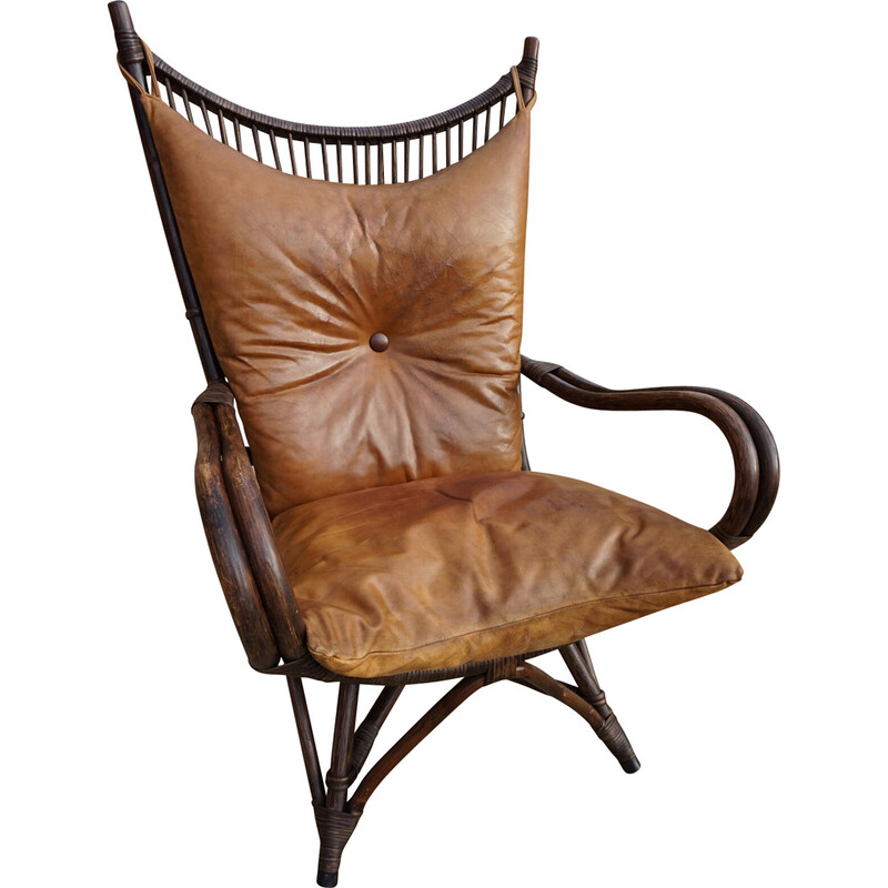 Vintage bamboo and leather "sculptural fan back" lounge chair, 1960s