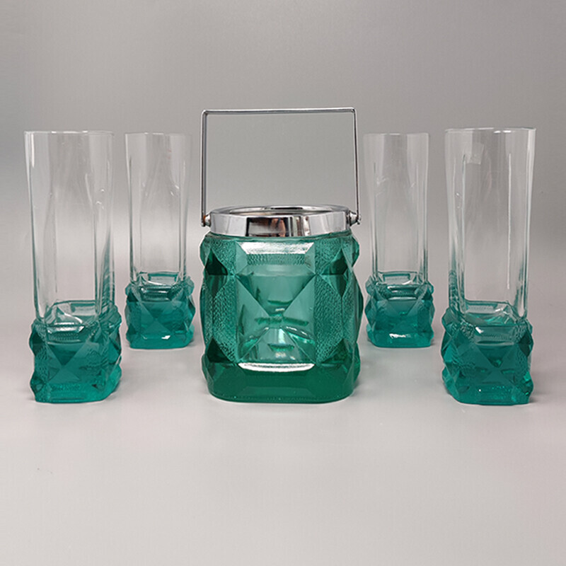 Cubitera verde vintage con 4 vasos de cristal de Lacs, Italia años 70