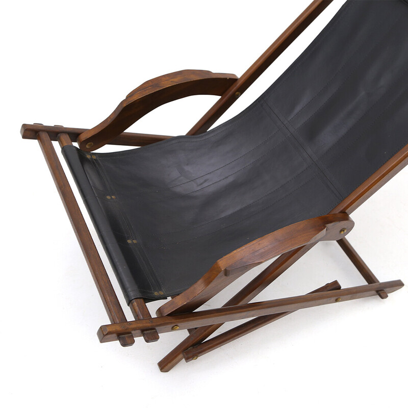 Sedia a sdraio vintage in pelle nera e legno, Italia anni '40