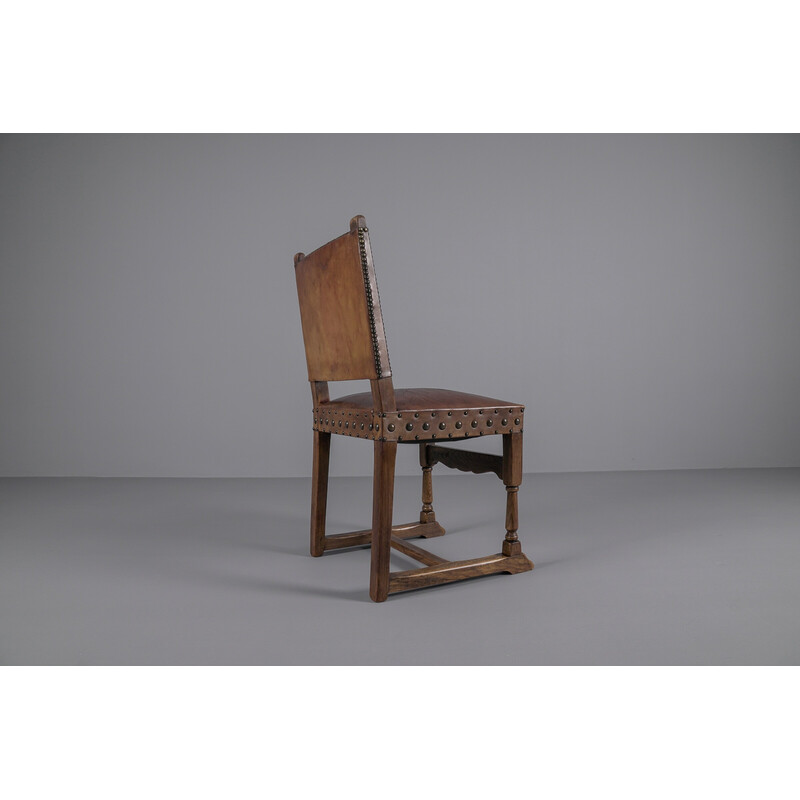 Juego de 4 sillas vintage de madera y cuero, España años 40