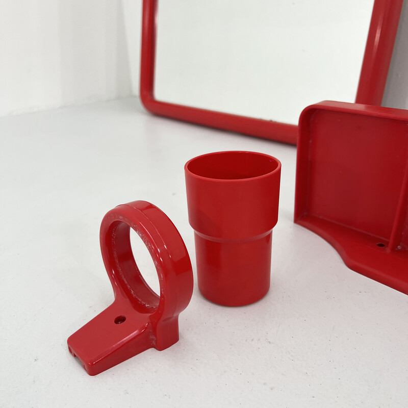 Vintage red plastic bathroom accessory set with mirror for Carrara & Matta,  1970s