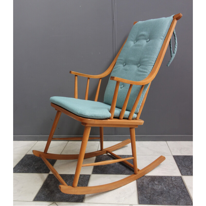 Slecht Hiel schroot Mid century houten schommelstoel met blauwe bekleding, 1960