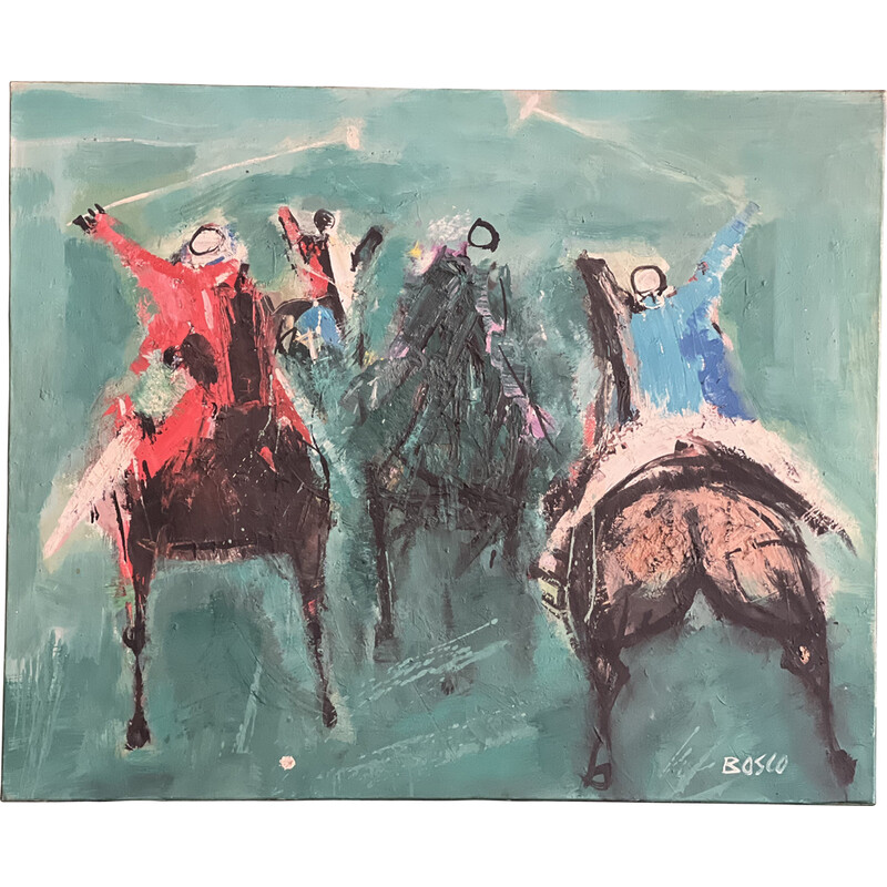 Peinture vintage sur toile "La partie de Polo" par Pierre Bosco, 1960