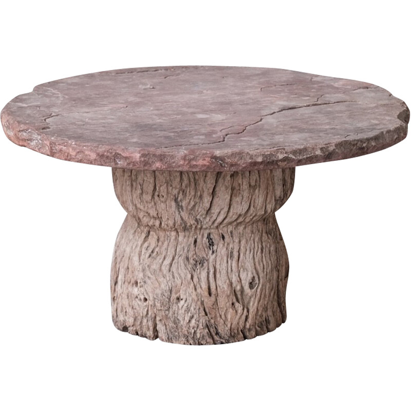 Vintage ronde salontafel in hout en steen, Frankrijk 1910