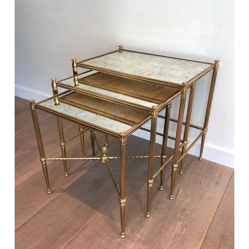 Vintage brass and glass nesting tables for Maison Baguès, France 1940s