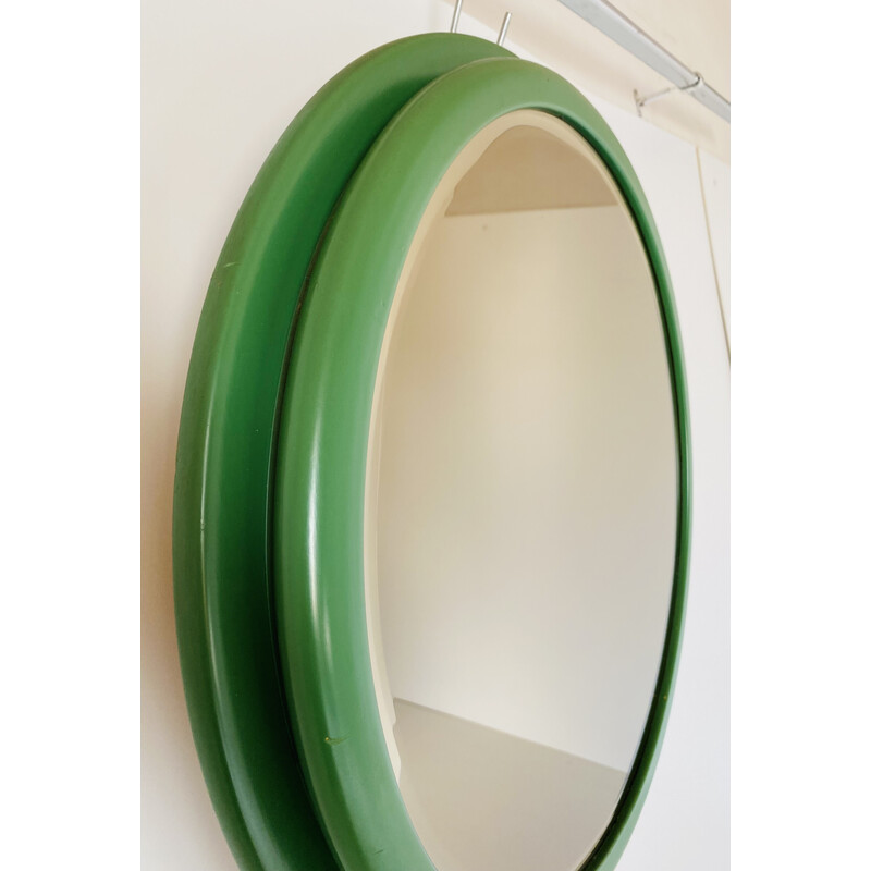 Espejo redondo vintage con marco de madera verde, Italia años 60