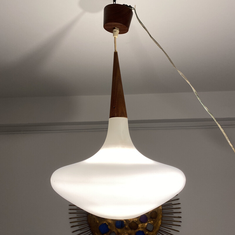 Vintage pendant lamp Massive in teak and white opaline, Belgium 1960s