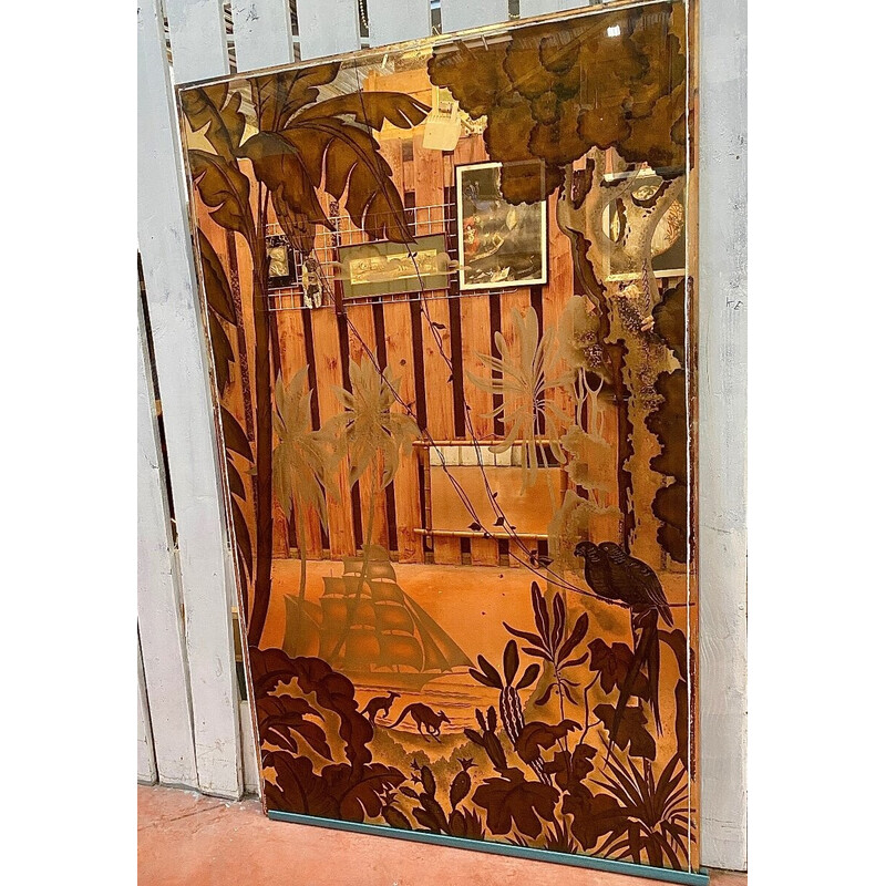 Specchio d'epoca Art Déco con palma, pappagallo e disegno di barca